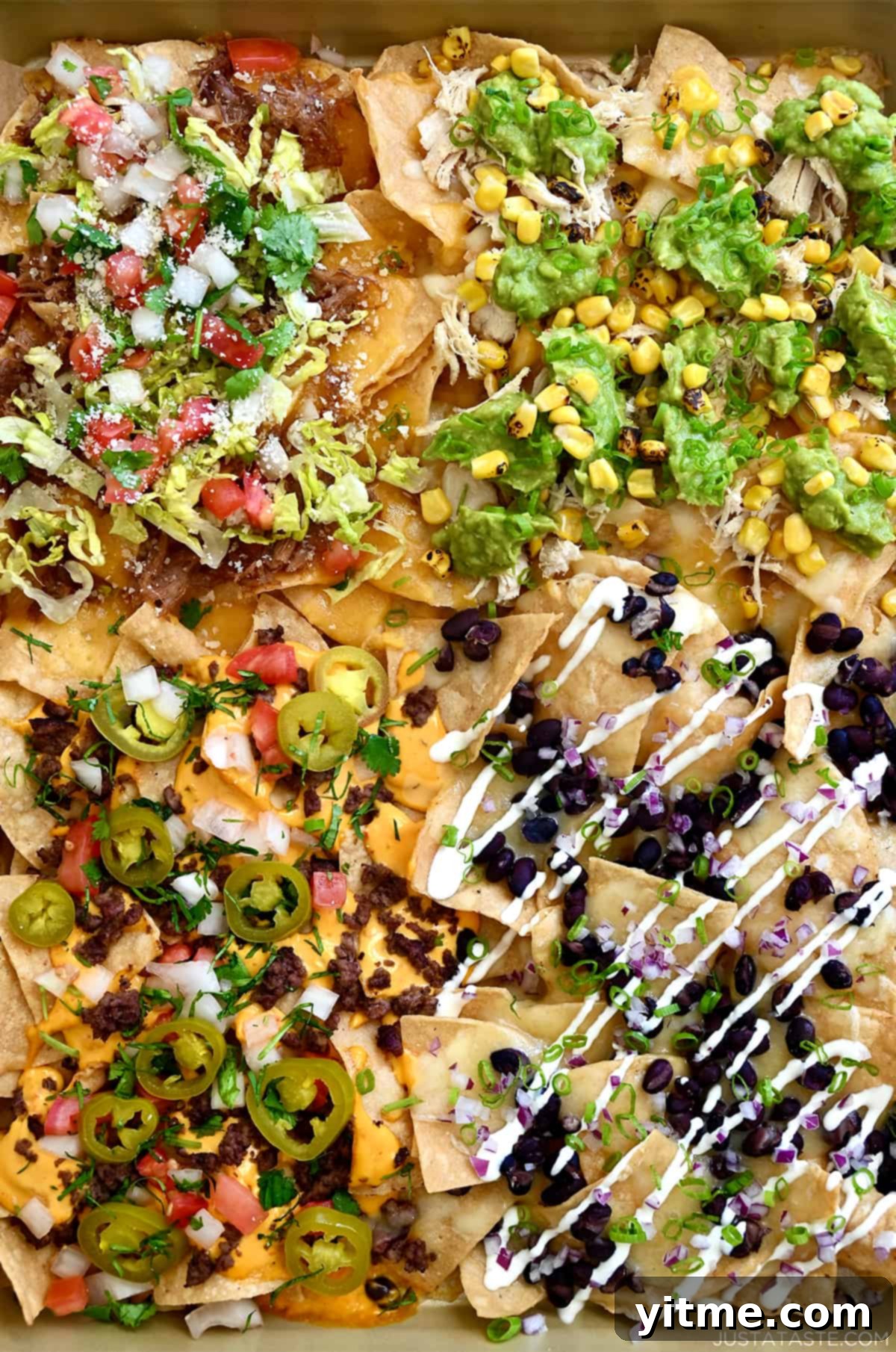 Sheet pan nachos topped four different ways.