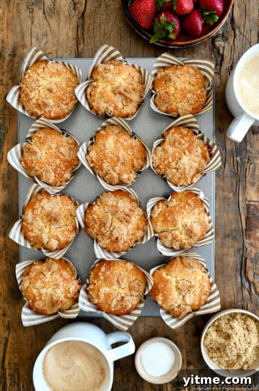 Sour Cream Coffee Cake Muffins with Streusel in a muffin tin next to a latte