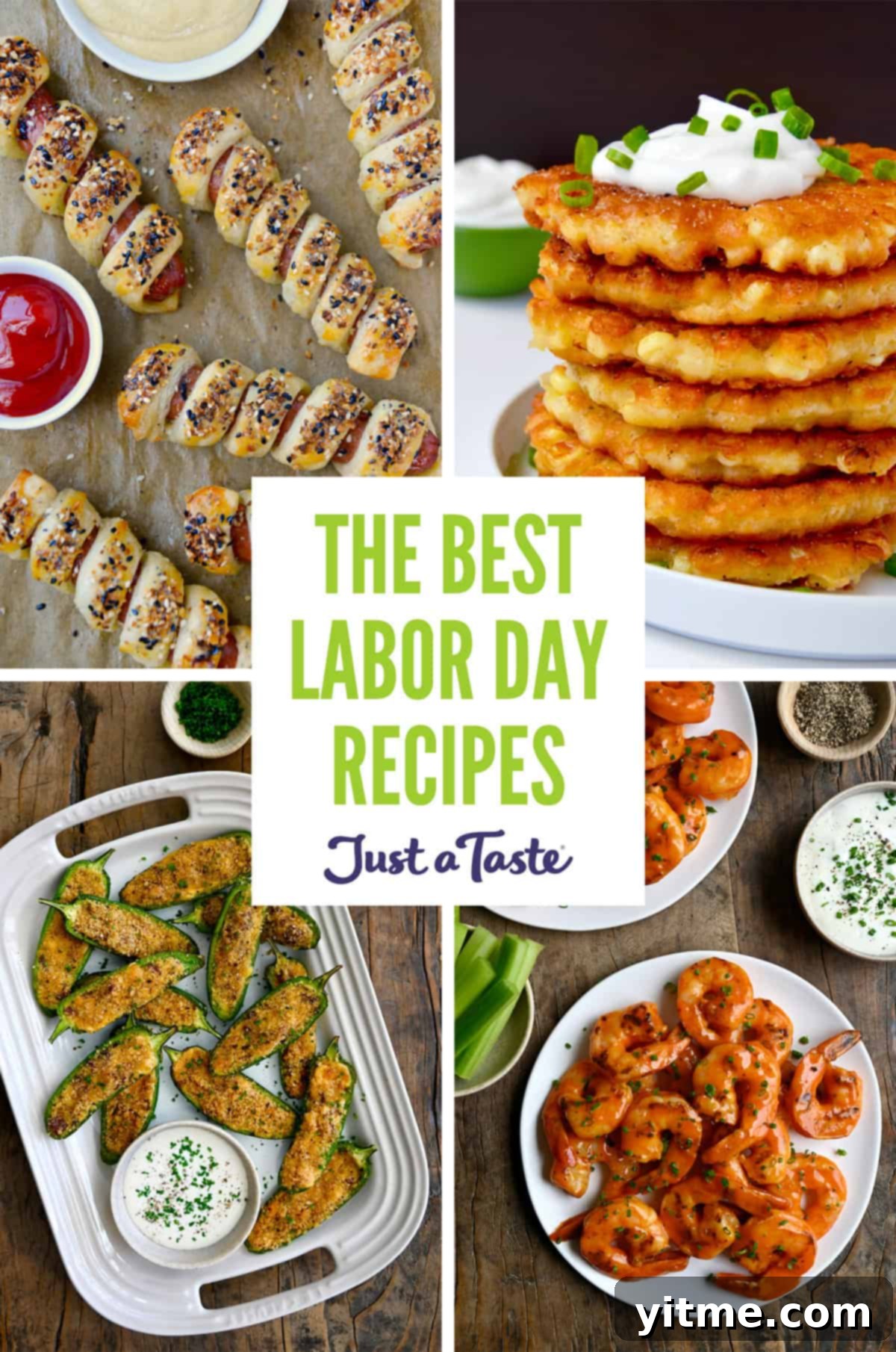 A collage of Labor Day food images, including pigs in a blanket, corn fritters, buffalo shrimp and jalapeño poppers.