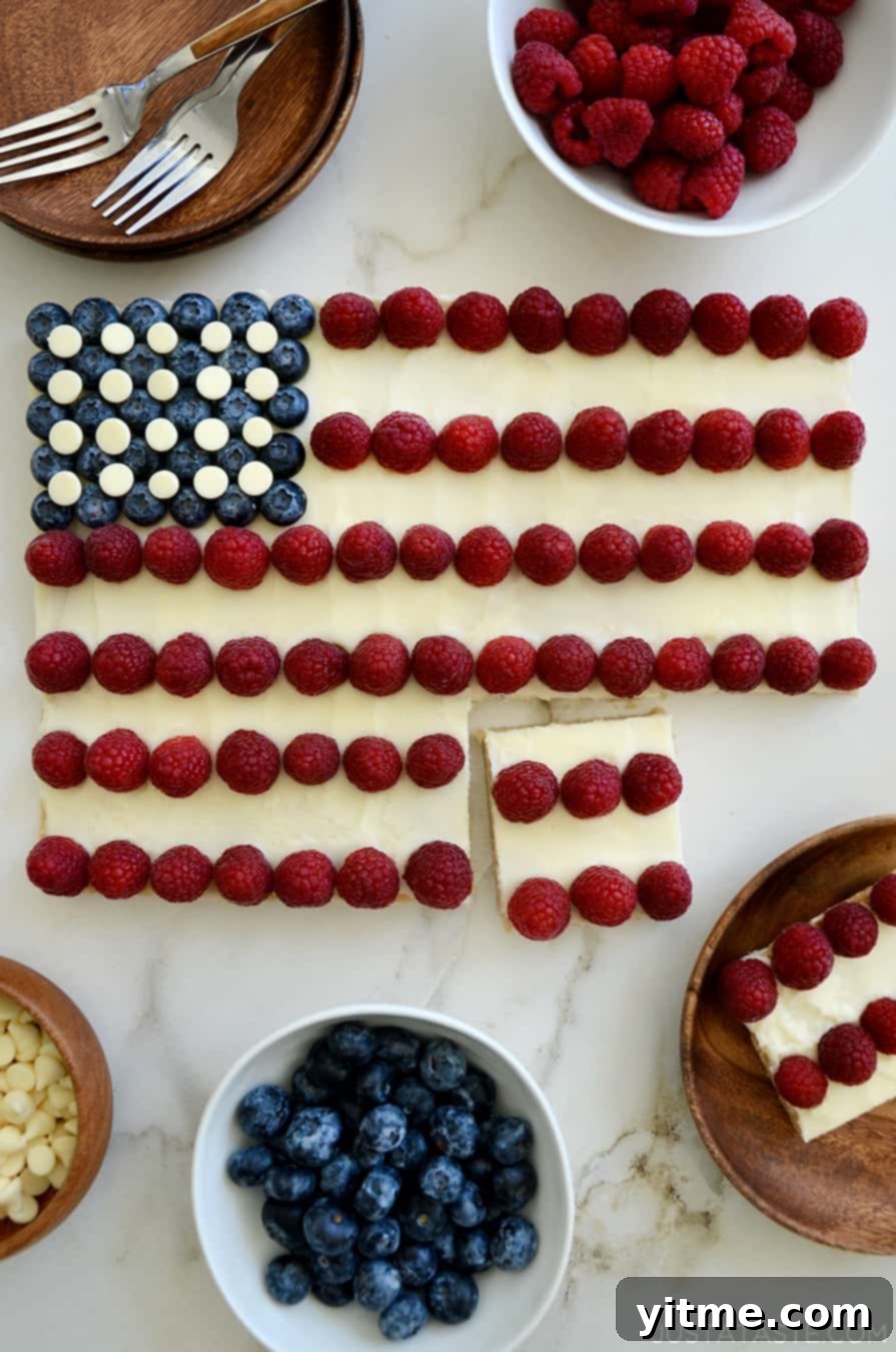 A top-down view of a cookie cake in the shape of an American flag