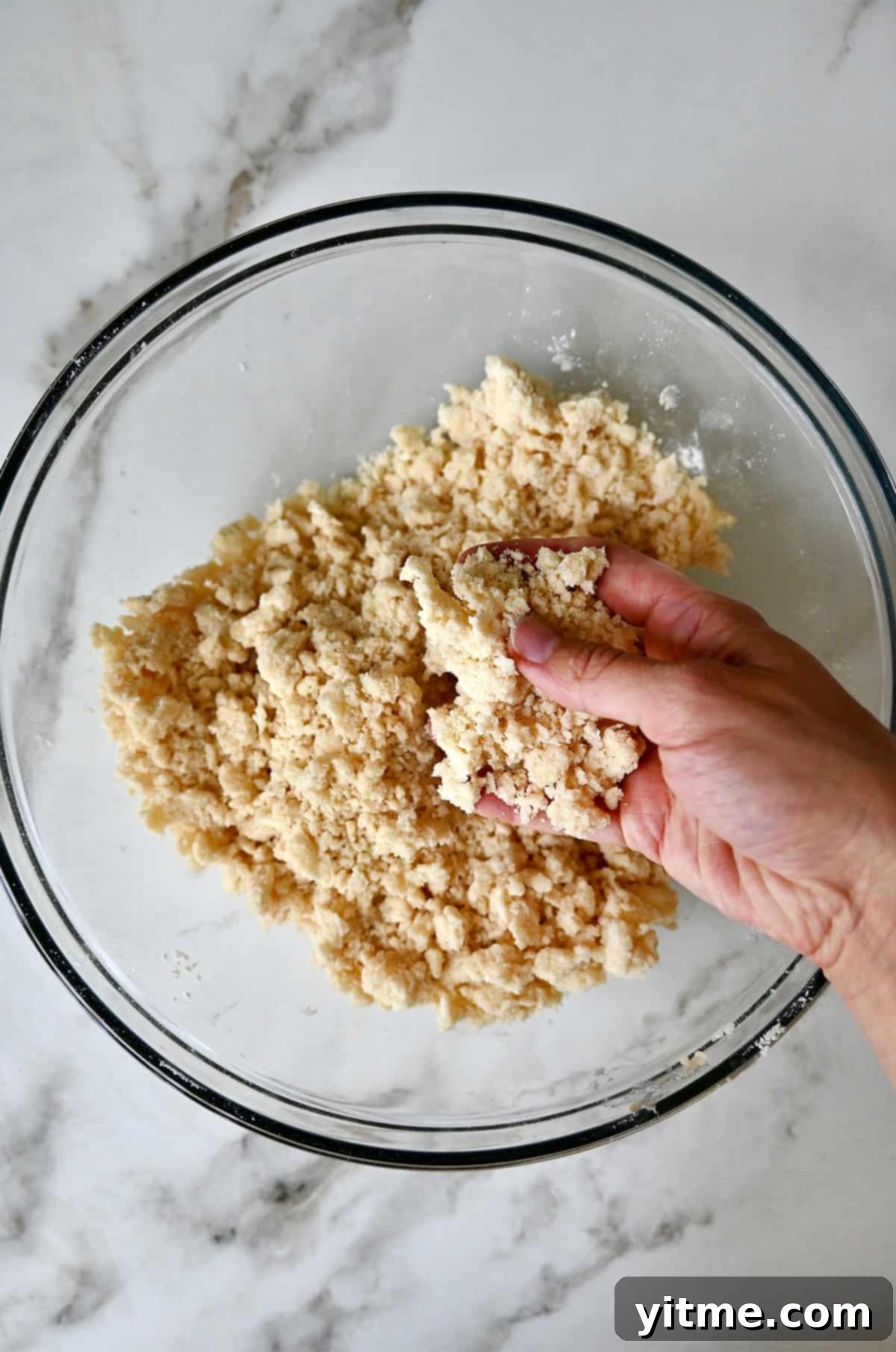 A close-up shot of a hand gently holding a mixture of pie dough that has the texture of wet sand, showing small pockets of butter.