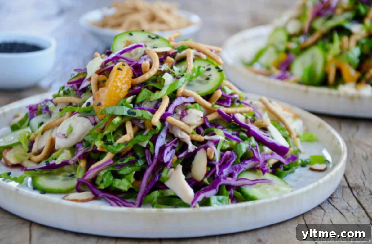 Chinese chicken salad with sesame dressing, mandarin oranges, sliced cucumbers, crispy chow mein noodles and sliced almonds on a salad plate.