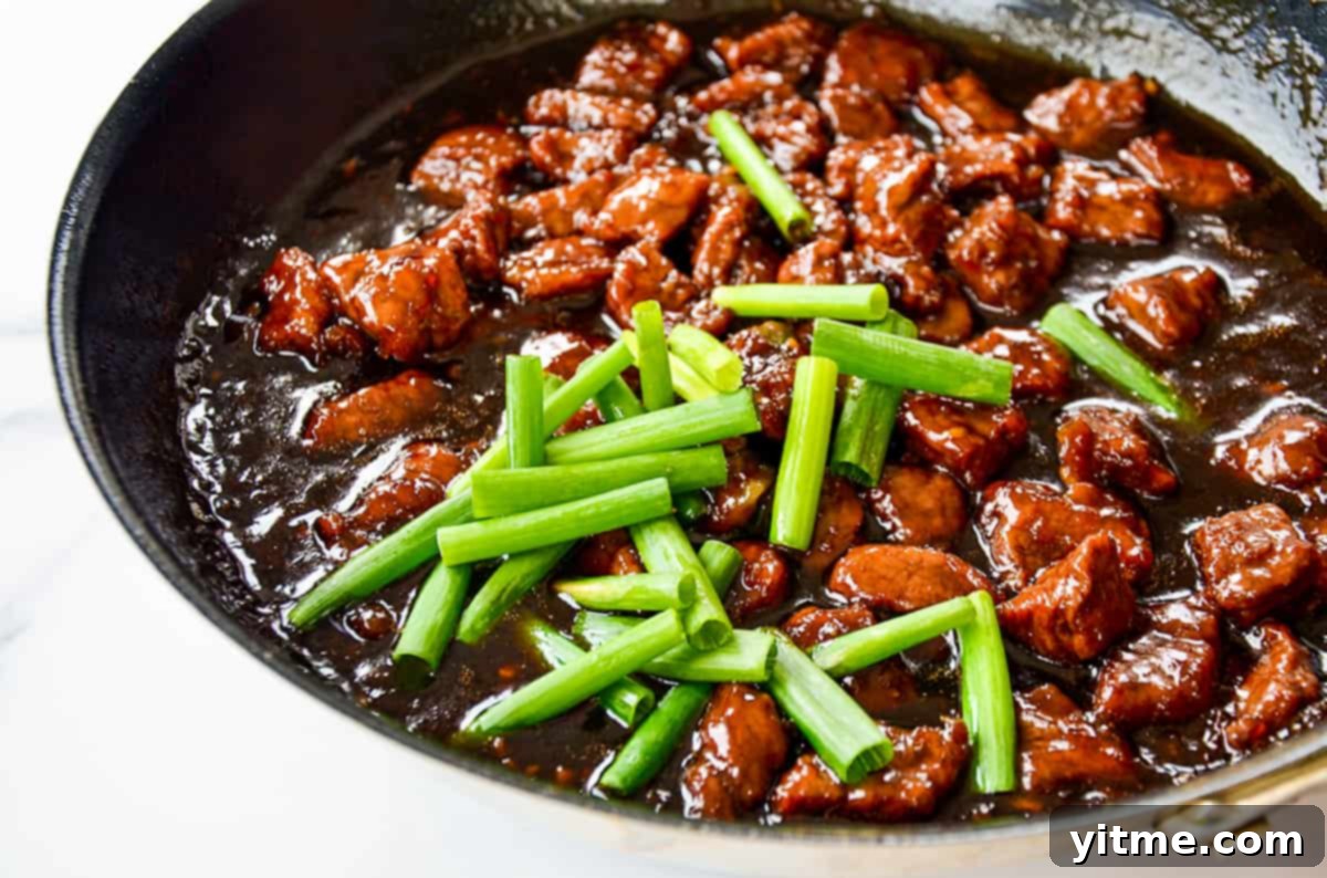 Cooked flank steak in a sweet and savory stir fry sauce topped with sliced fresh scallions.