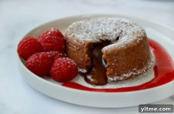 The best Chocolate Lava Cake with Raspberry Sauce, powdered sugar and fresh raspberries