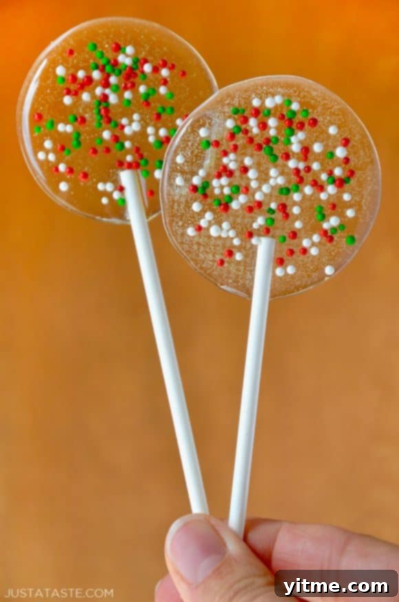 Homemade Holiday Lollipops with white, red and green sprinkles