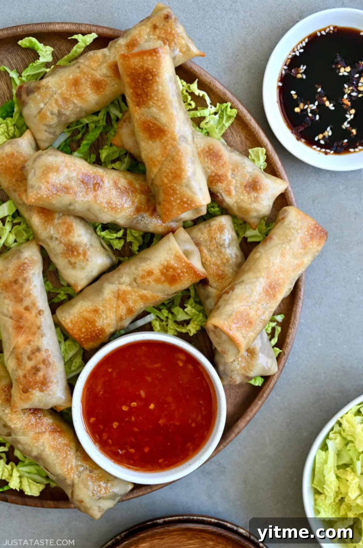 Crispy baked chicken spring rolls.