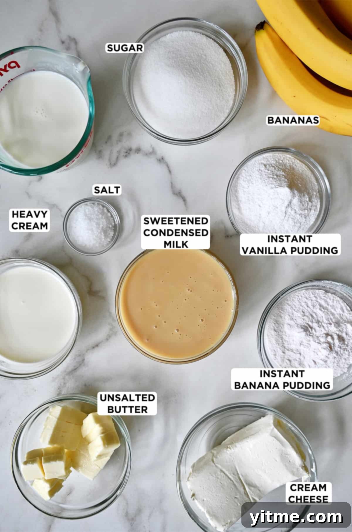 Ingredients for banana pudding and salted caramel