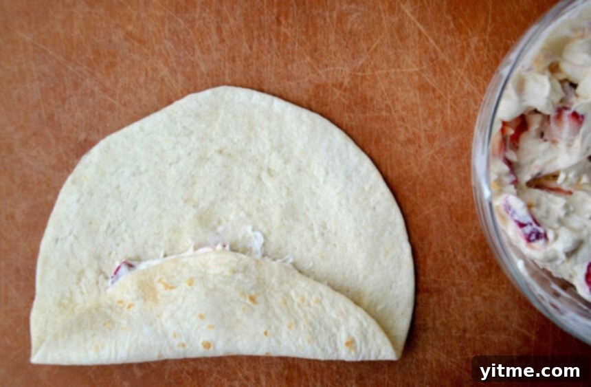Flour tortilla folded over filling next to a bowl containing cream cheese and fresh fruit