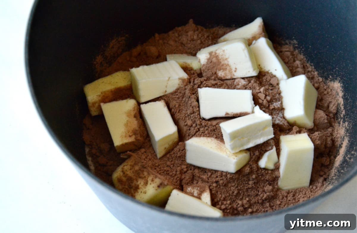 Cubed butter and cocoa powder in a saucepan.
