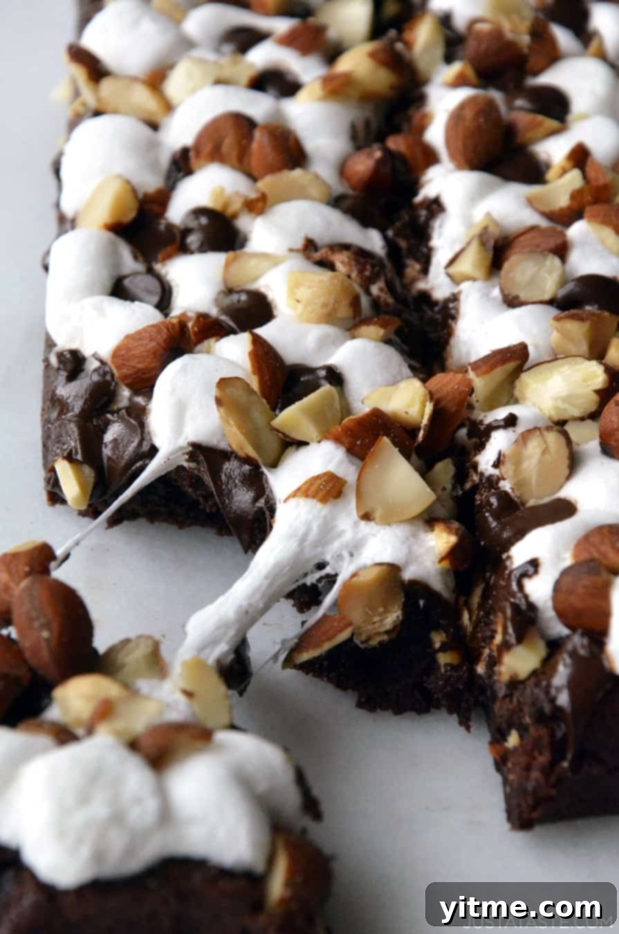 Closeup view of homemade Marshmallow Brownies with Salted Almonds