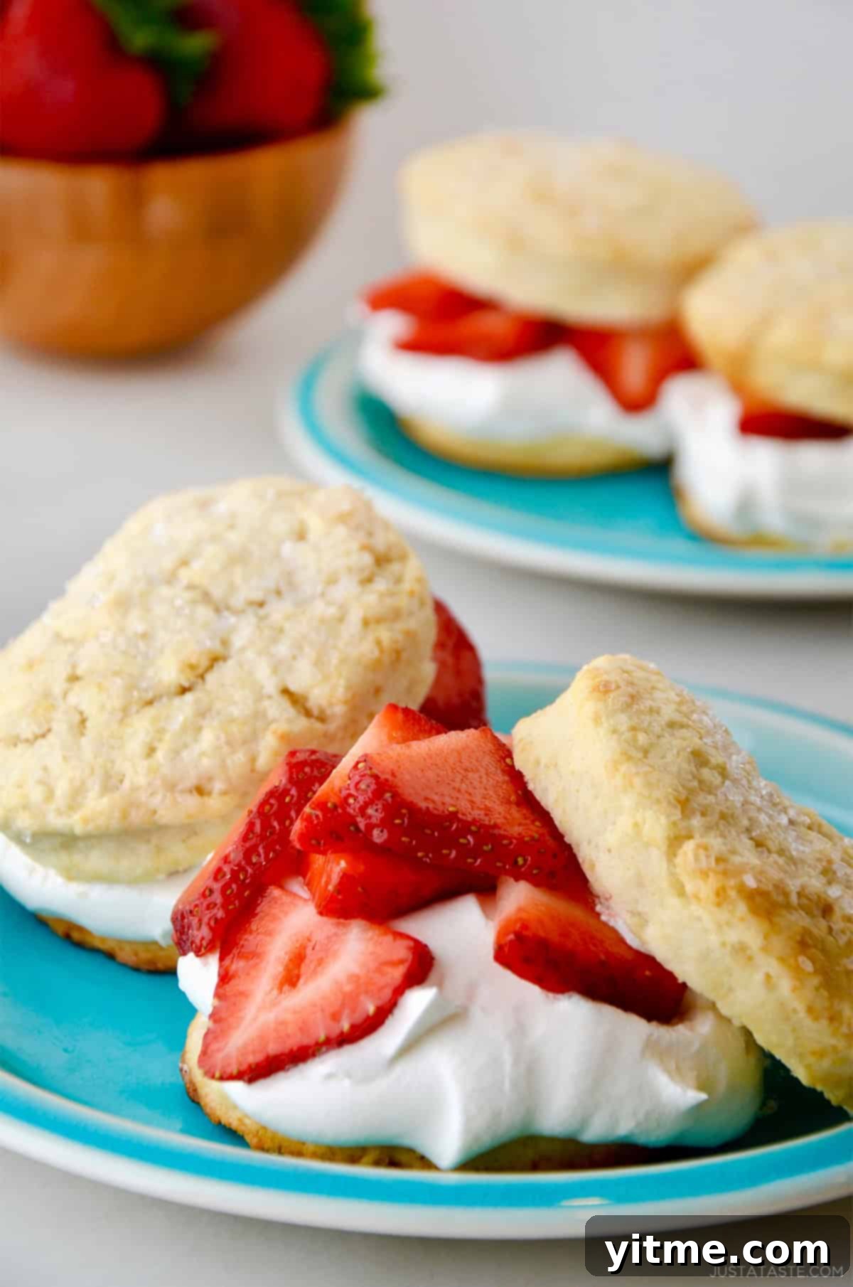Quick Strawberry Shortcake 9 A biscuit cut in half, layered with pillowy whipped cream and juicy macerated strawberries.