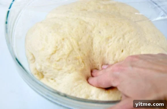 Close-up of dough being gently pushed down in a glass bowl
