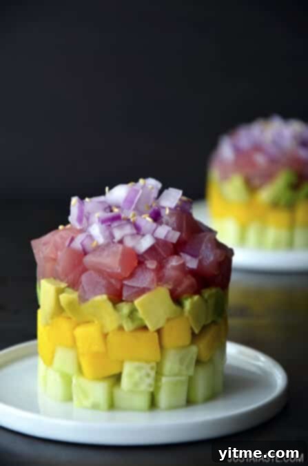 Seared Tuna Stacks with Ginger-Soy Glaze 2 Ahi Tuna Stacks with Ginger-Soy Dressing Recipe on justataste.com