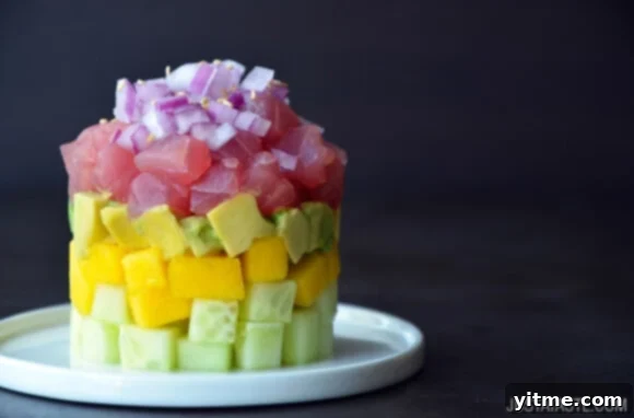 Seared Tuna Stacks with Ginger-Soy Glaze 3 Ahi Tuna Stacks with Ginger-Soy Dressing Recipe on justataste.com