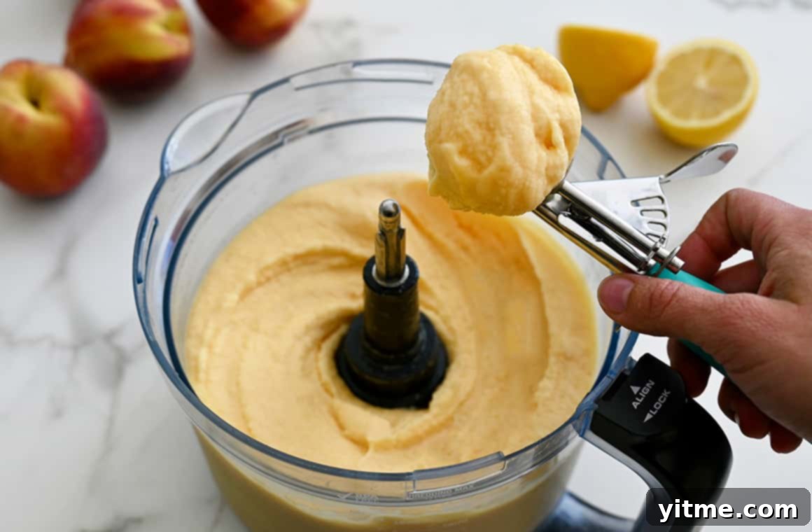 A hand scooping creamy, homemade frozen yogurt from a food processor bowl, showcasing the perfect soft-serve consistency.