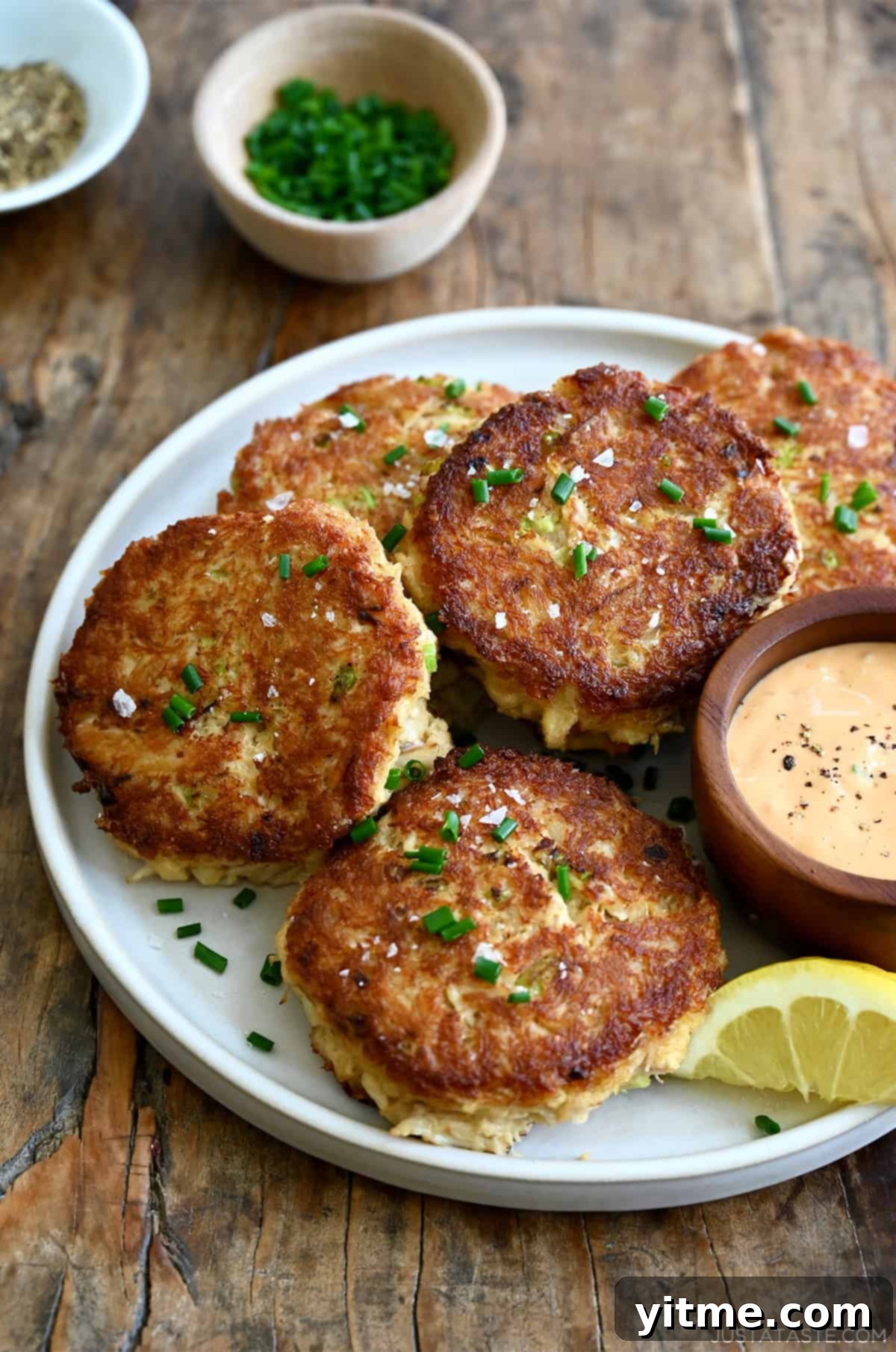 Maryland-style crab cakes on a plate with a small bowl containing remoulade for dipping.