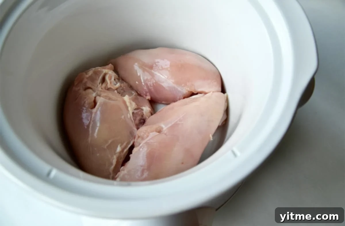 Three raw chicken breasts in a slow cooker.