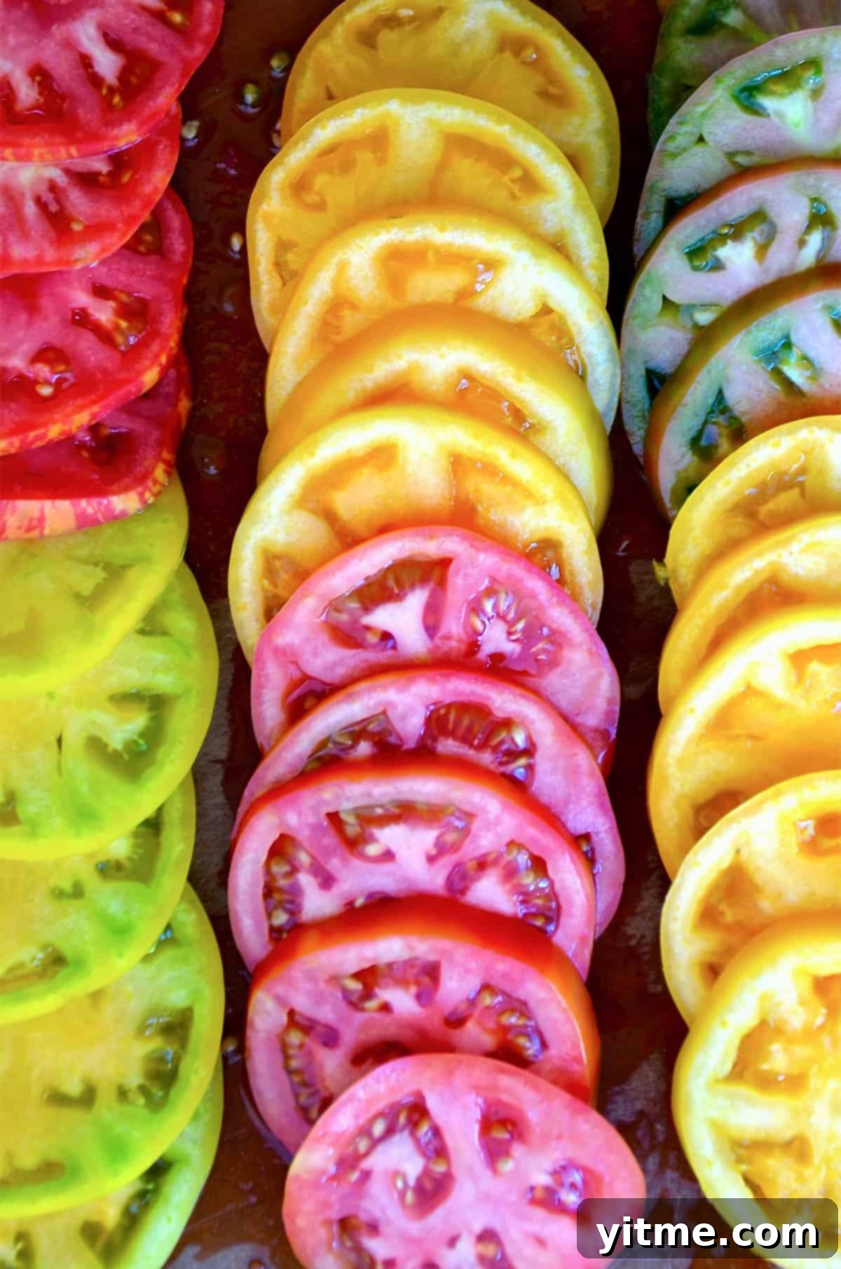 Three rows of multi-colored sliced tomatoes draining on paper towels.