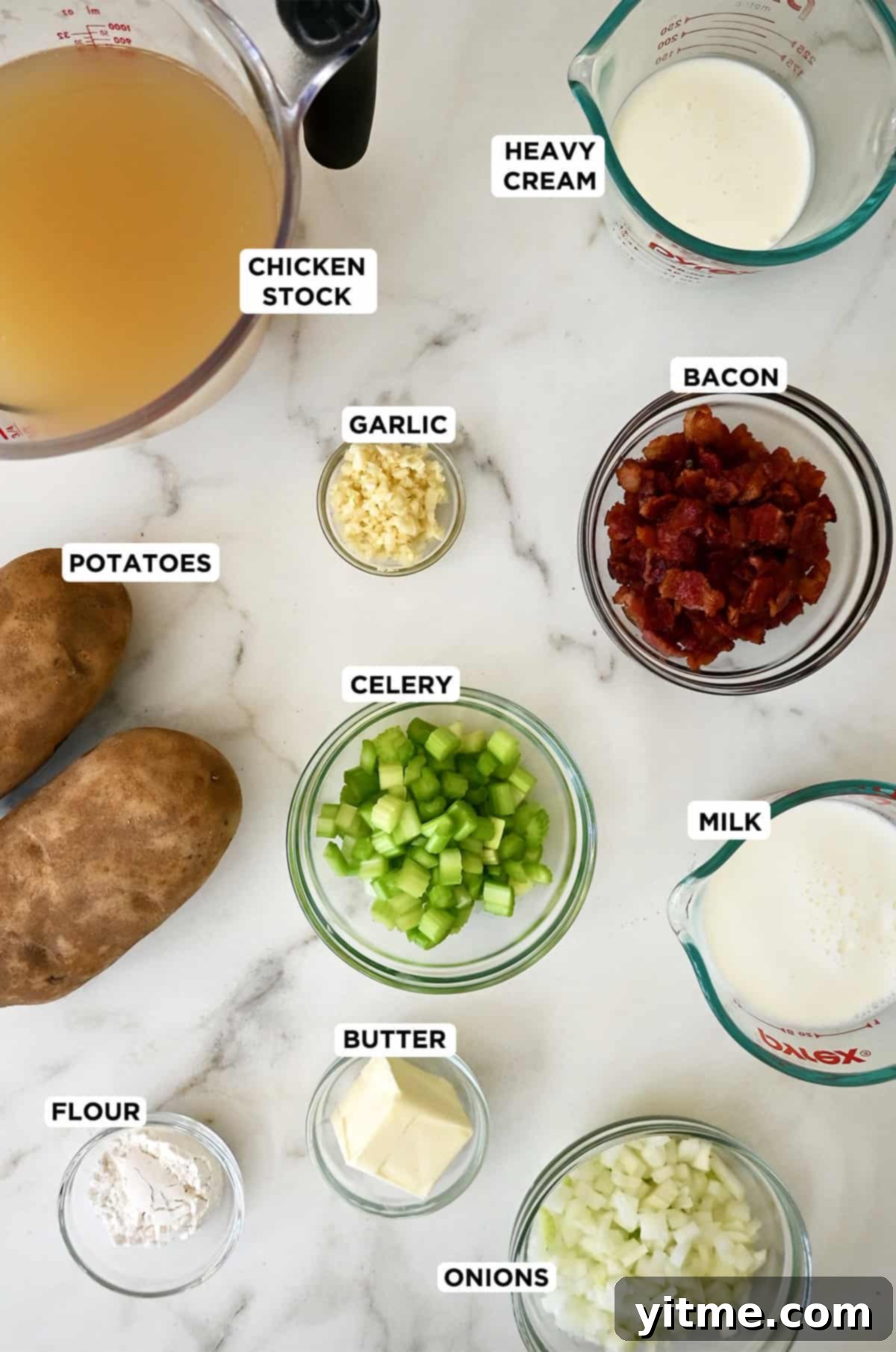 Creamy Potato Soup with Crispy Bacon and Cheddar 3 Potato soup ingredients including potatoes, broth, bacon, and seasonings.