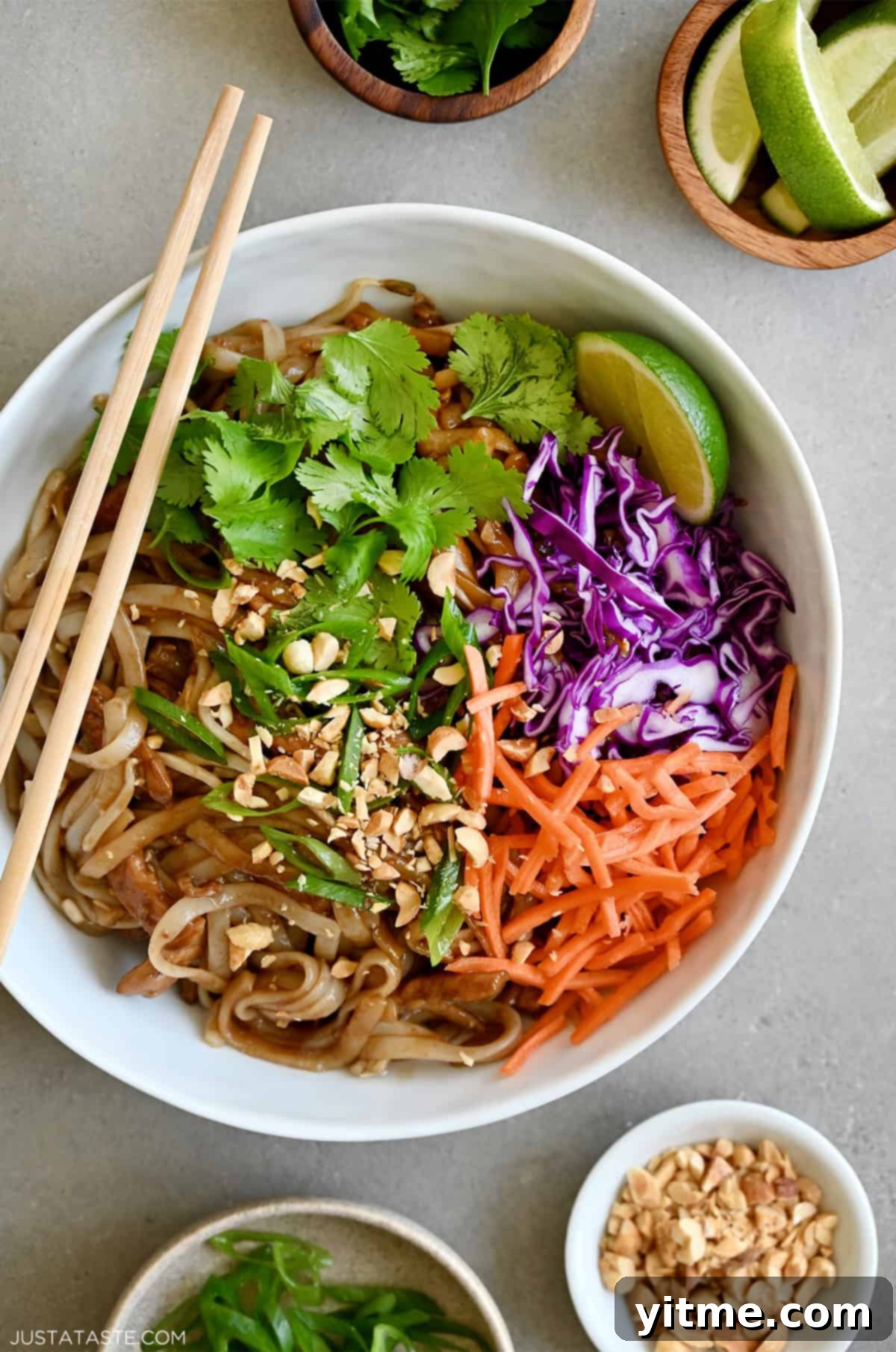 Chicken Pad Thai with peanuts, scallions, carrots, cabbage, lime, and cilantro