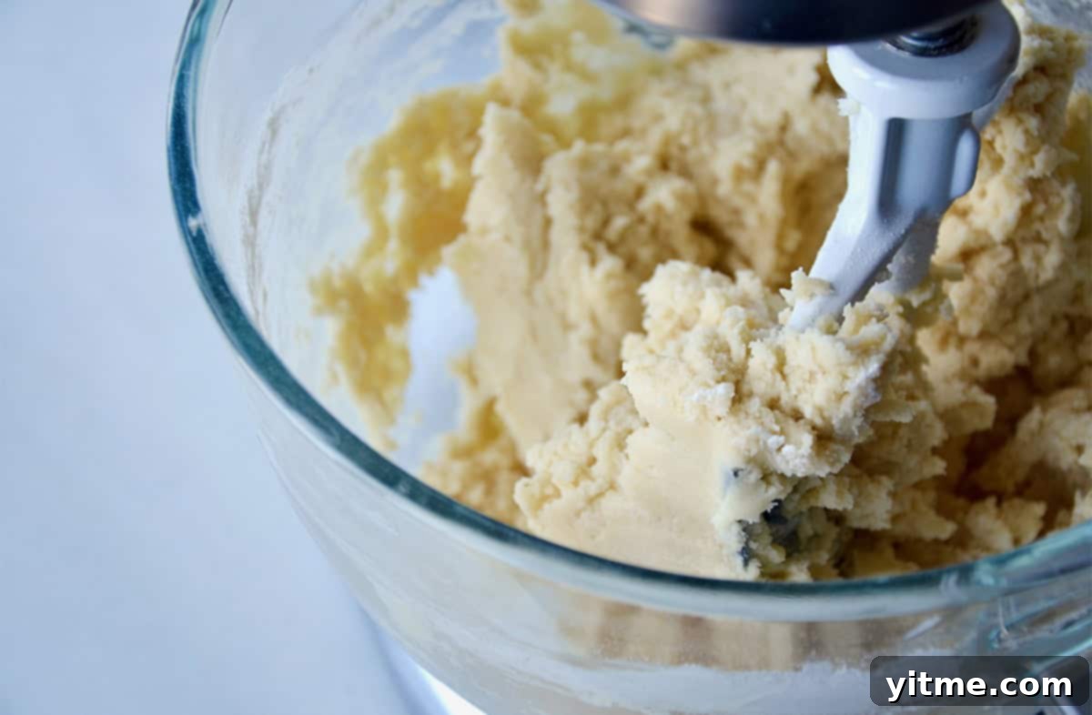 Sugar cookie dough is being mixed in the clear glass bowl of a stand mixer.