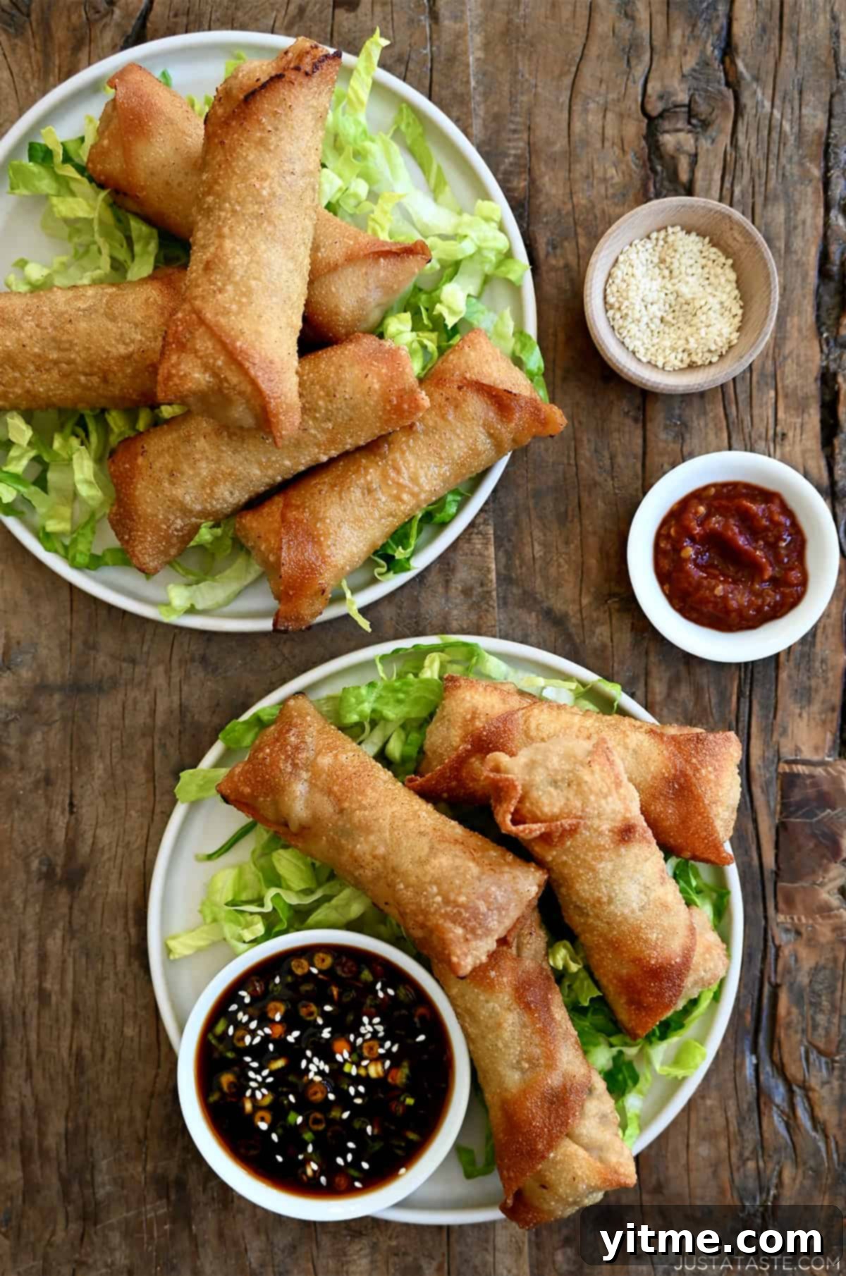Two plates containing crispy pork egg rolls atop shredded lettuce and a small bowl filled with ginger soy dipping sauce. The egg rolls are golden brown and perfectly crisp.