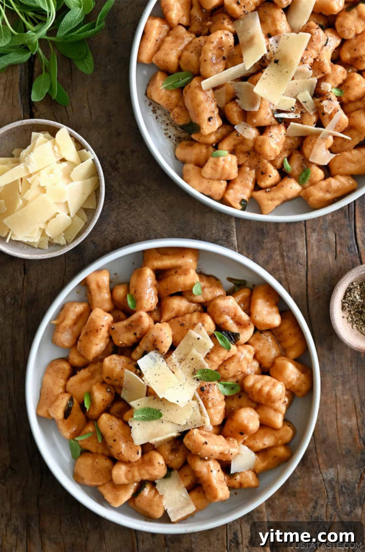 Sweet Potato Gnocchi in Balsamic Brown Butter Sauce 13 Two plates with homemade sweet potato gnocchi tossed in a simple sage butter sauce.