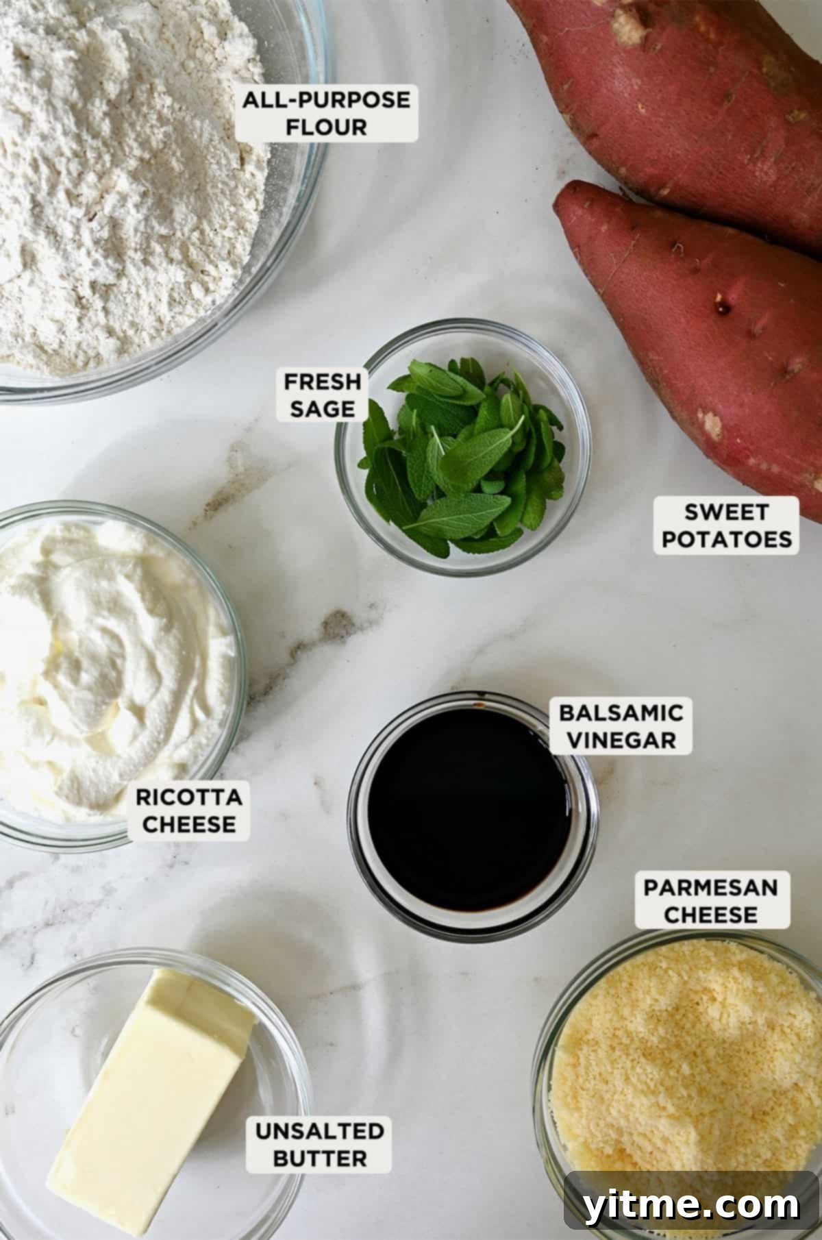 Sweet Potato Gnocchi in Balsamic Brown Butter Sauce 3 Sweet potato gnocchi ingredients in glass bowls.