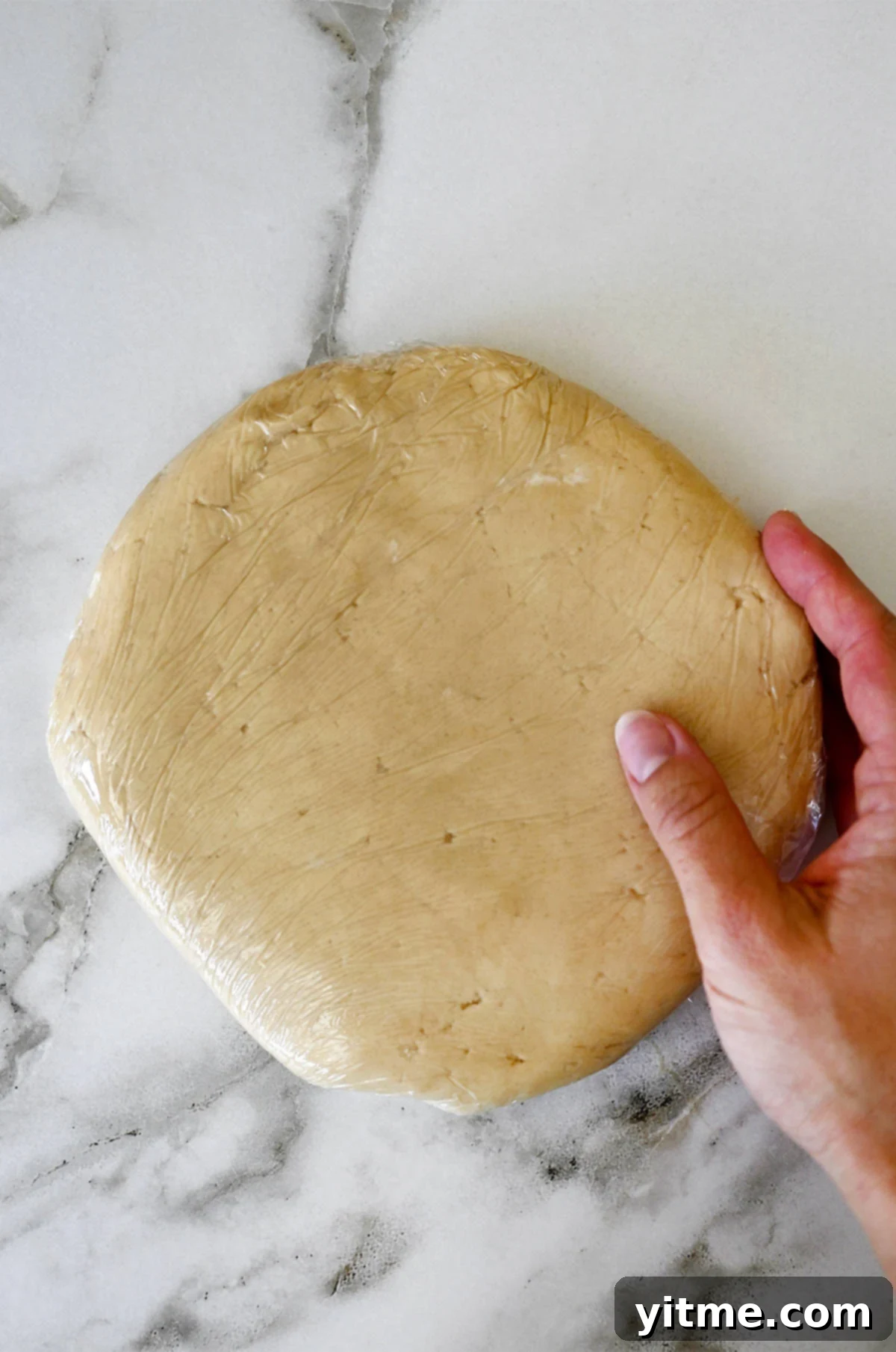 A hand holding a disk of sugar cookie dough wrapped in clear plastic wrap.
