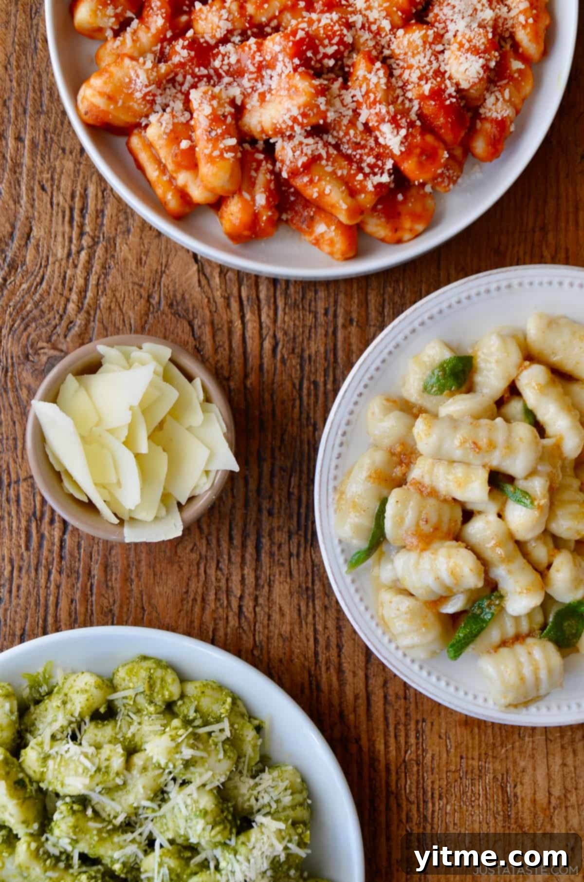 Mashed Potato Makeovers 4 A triptych of plates, each presenting fluffy homemade mashed potato gnocchi served in distinct ways: one with rich tomato sauce, another with vibrant green pesto, and the third with savory crispy sage butter.