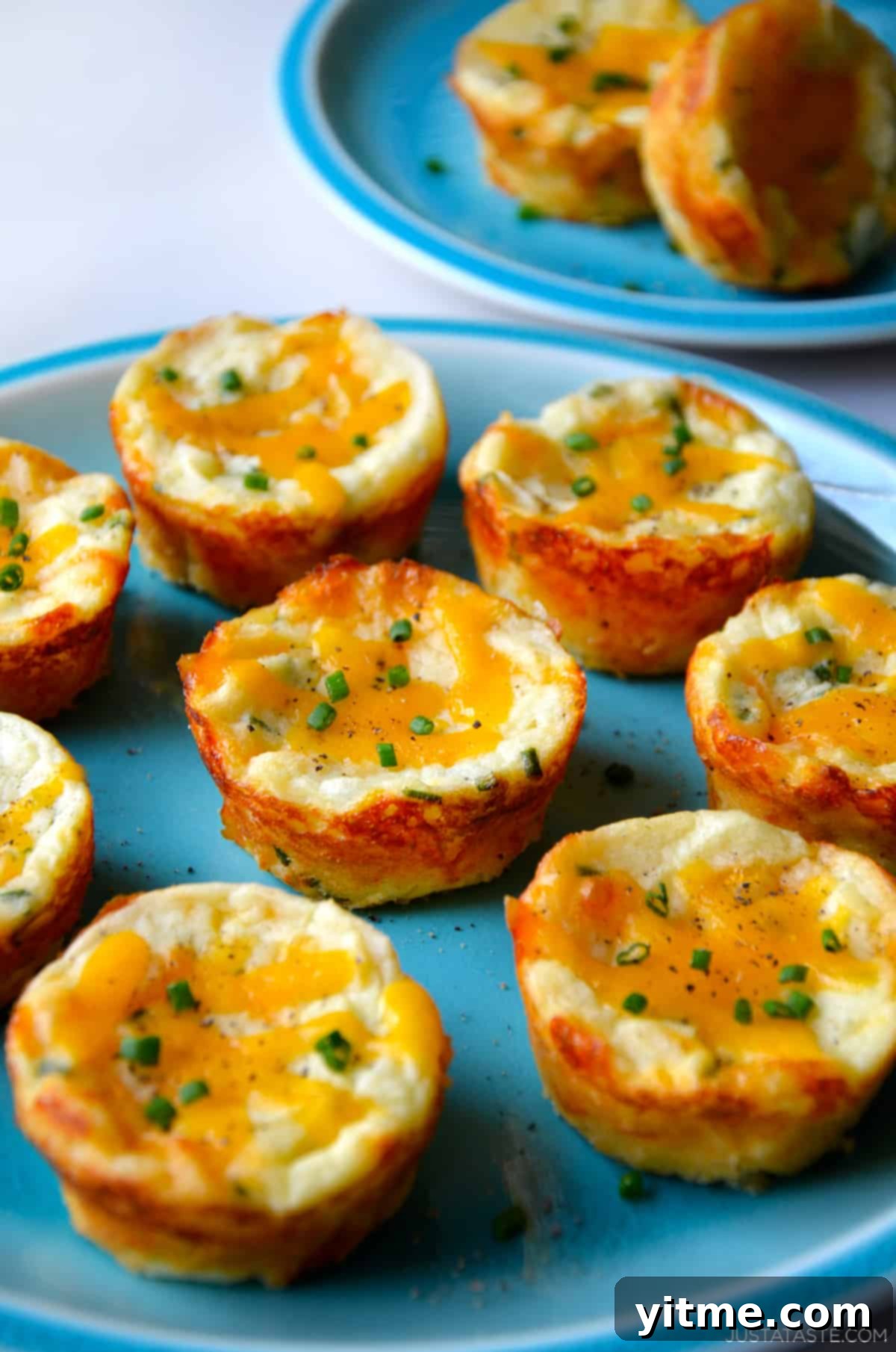 Mashed Potato Makeovers 5 A serene blue plate holds several perfectly baked cheesy mashed potato muffins, artfully garnished with a sprinkle of black pepper and vibrant chopped chives, ready to be enjoyed.