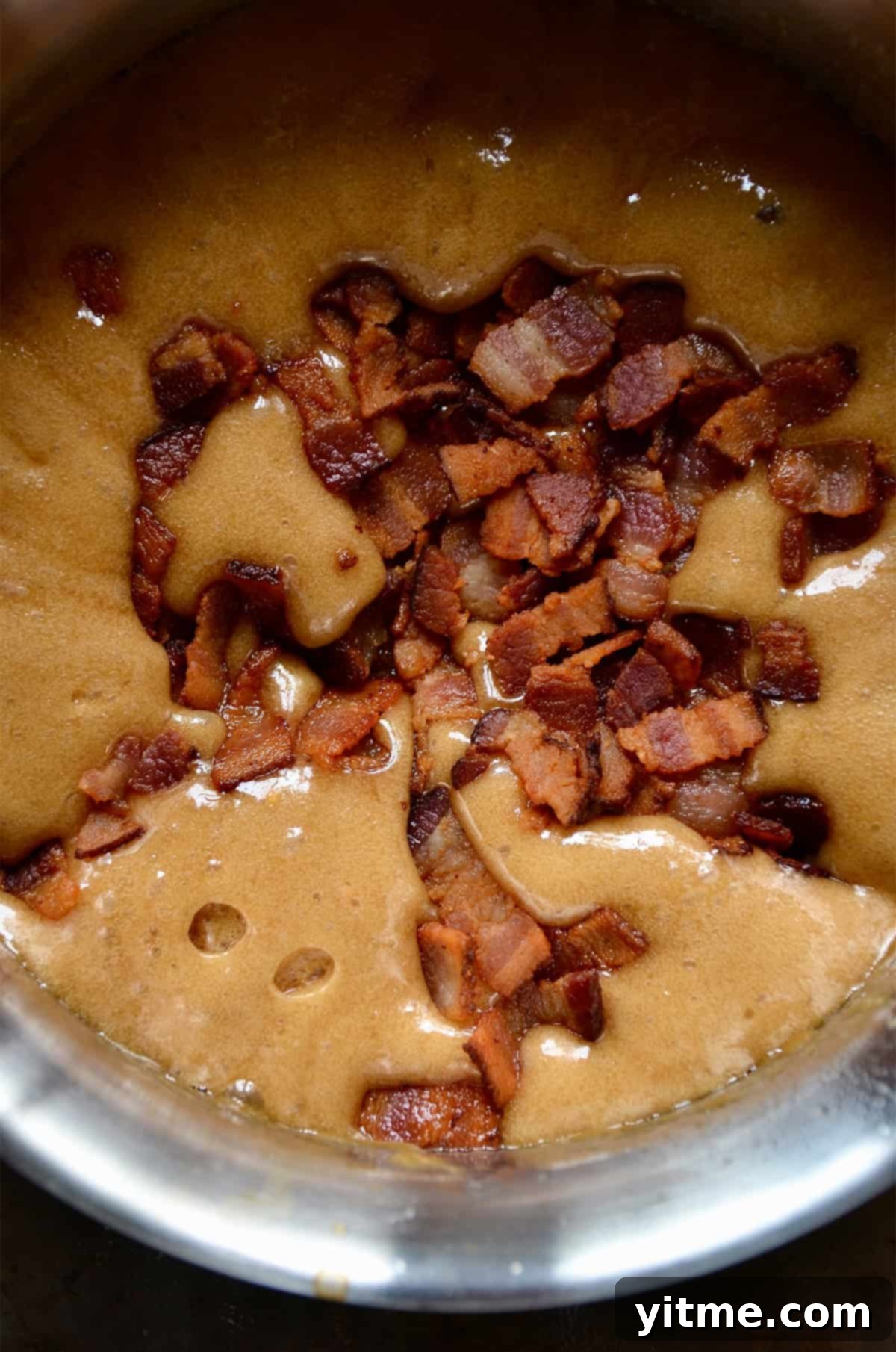 Chopped, crispy bacon in caramel sauce