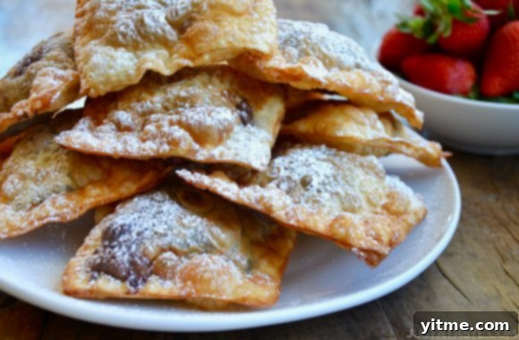 A pristine white plate showcasing a delectable arrangement of chocolate wontons, generously coated with powdered sugar, ready to be devoured.