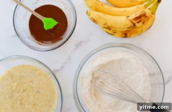 Ingredients for chocolate swirl banana bread including mashed bananas, melted chocolate, dry ingredients, and butter