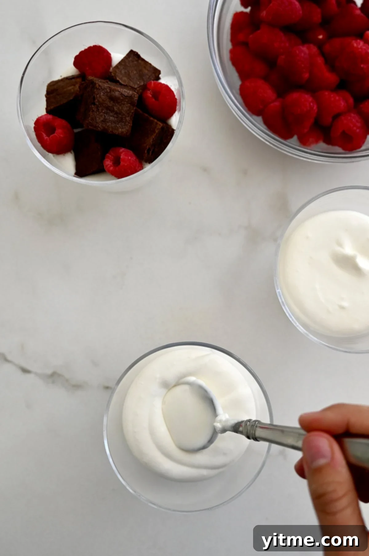 Individual Fruit and Brownie Parfaits 7 Assembling the mini trifles in dessert cups