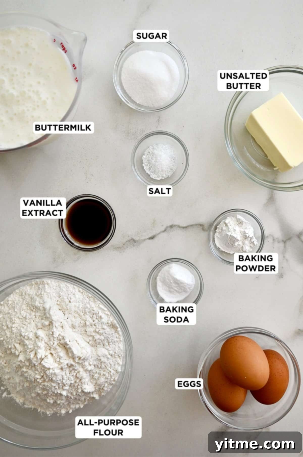Golden Belgian Waffles From Scratch 3 Belgian waffle ingredients in various sizes of glass bowls.