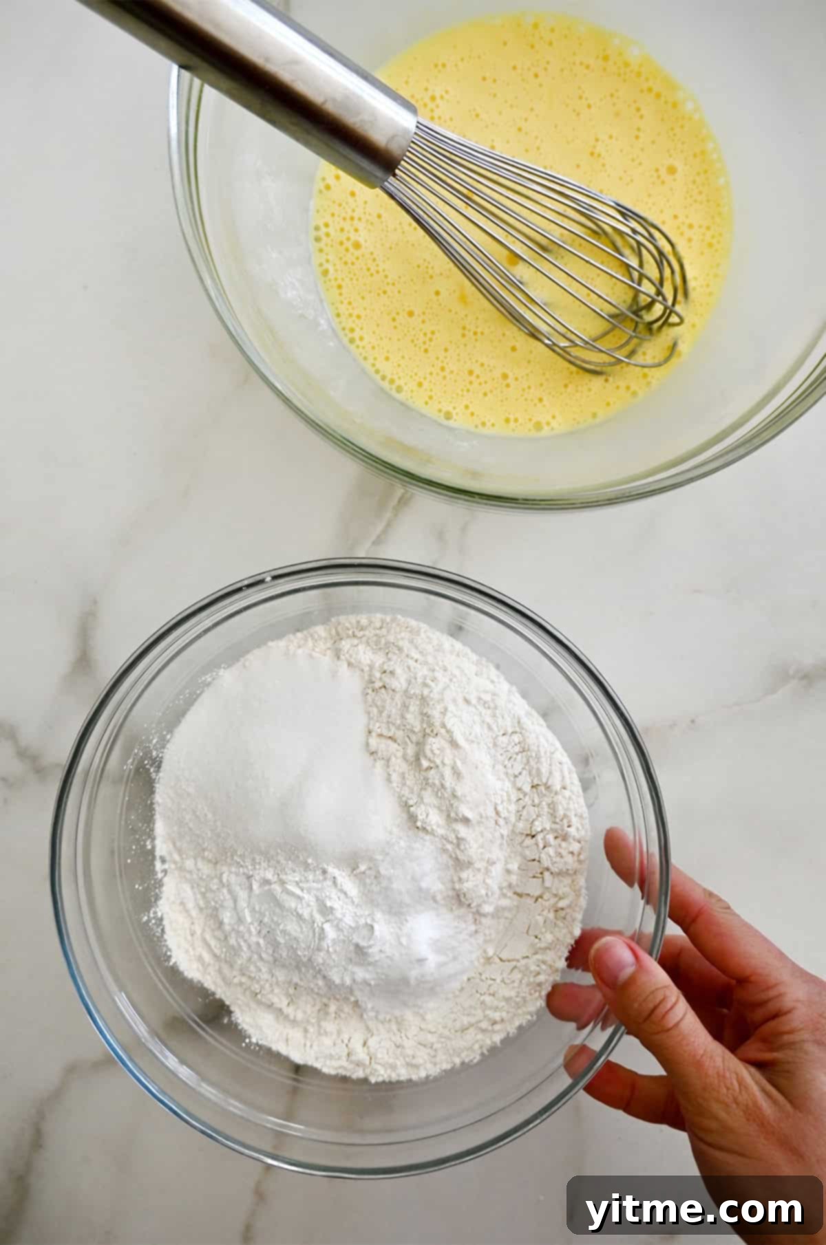 Golden Belgian Waffles From Scratch 5 Dry ingredients for homemade waffles in a bowl.