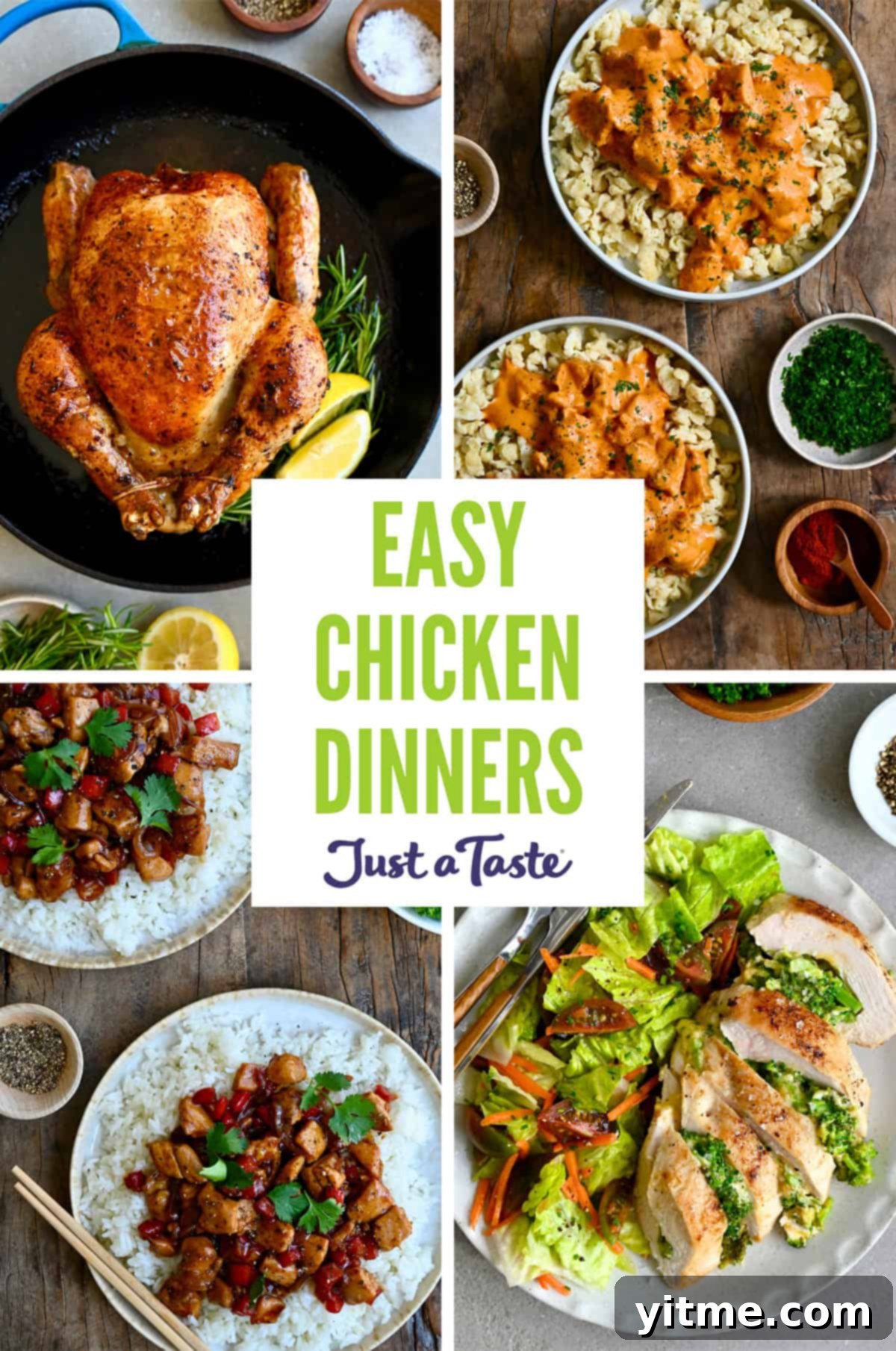 Chicken dinner recipes, including roasted chicken, paprika chicken, broccoli-cheddar stuffed chicken breasts and black pepper chicken.