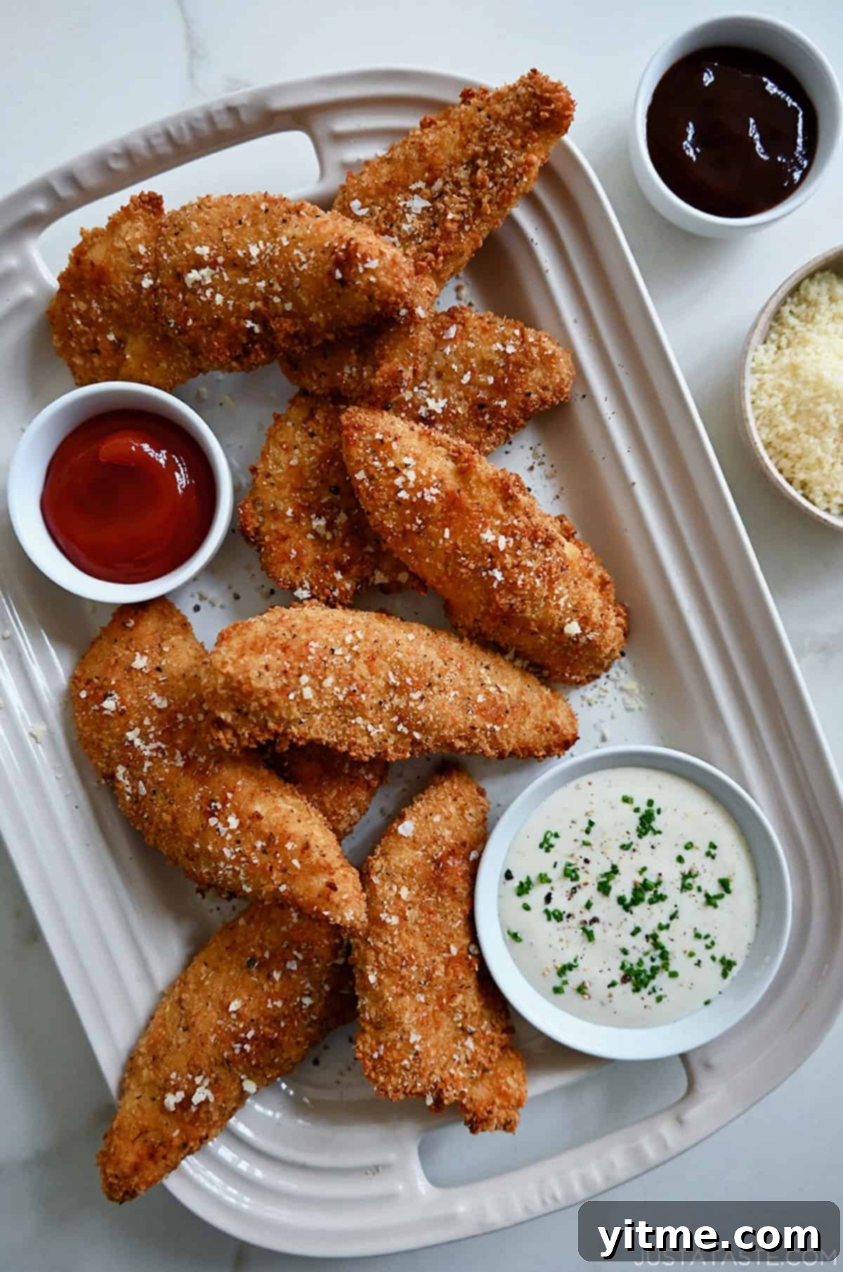 Crispy chicken tenders topped with grated parmesan cheese on a serving platter with small bowls of dipping sauces.