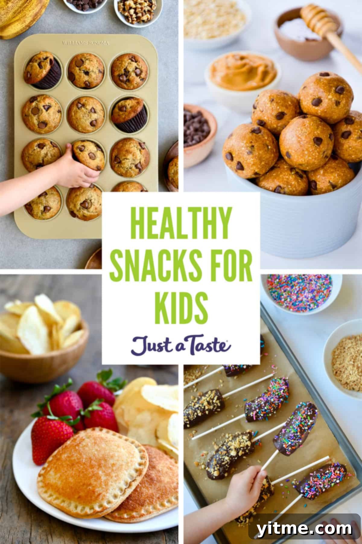 A variety of healthy snacks for kids, including muffins, protein balls, frozen bananas, and peanut butter and jelly sandwiches.