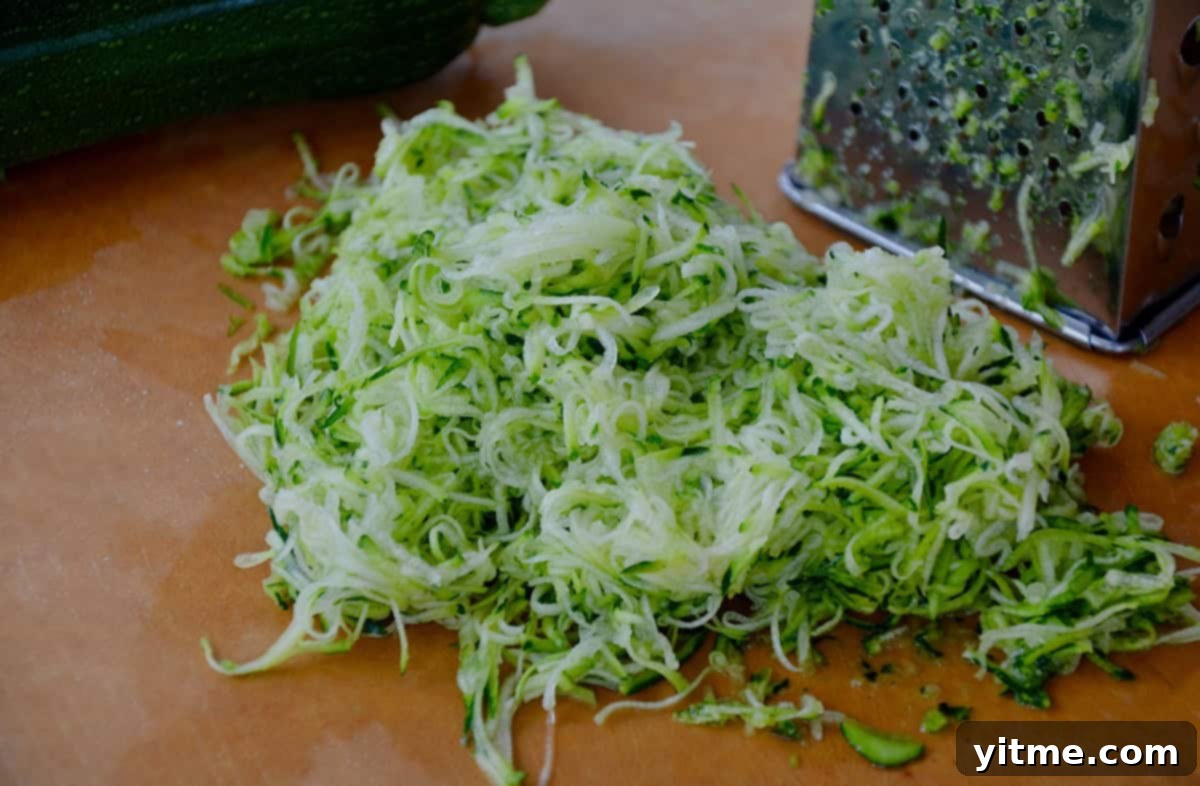 Finely shredded zucchini next to a box grater.