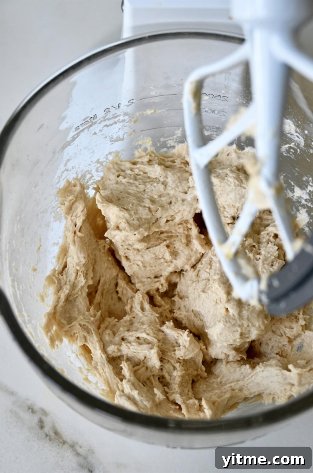 Focaccia dough in a stand mixer bowl with the paddle attachment.
