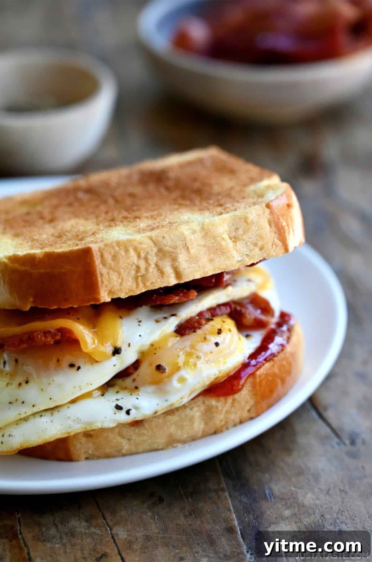 The Quintessential Egg Sandwich 10 Breakfast sandwich with fried eggs, bacon, cheddar, and strawberry jam on brioche