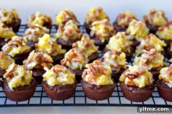 A tray of freshly baked German Chocolate Brownie Bites