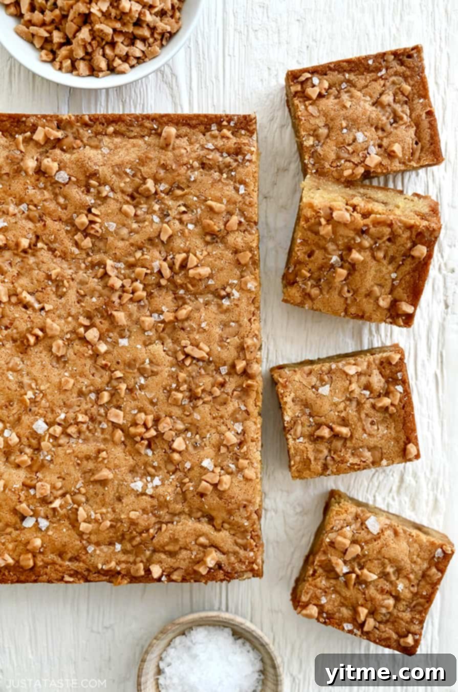 A top-down view of toffee blondies topped with toffee bits and large-flake sea salt.