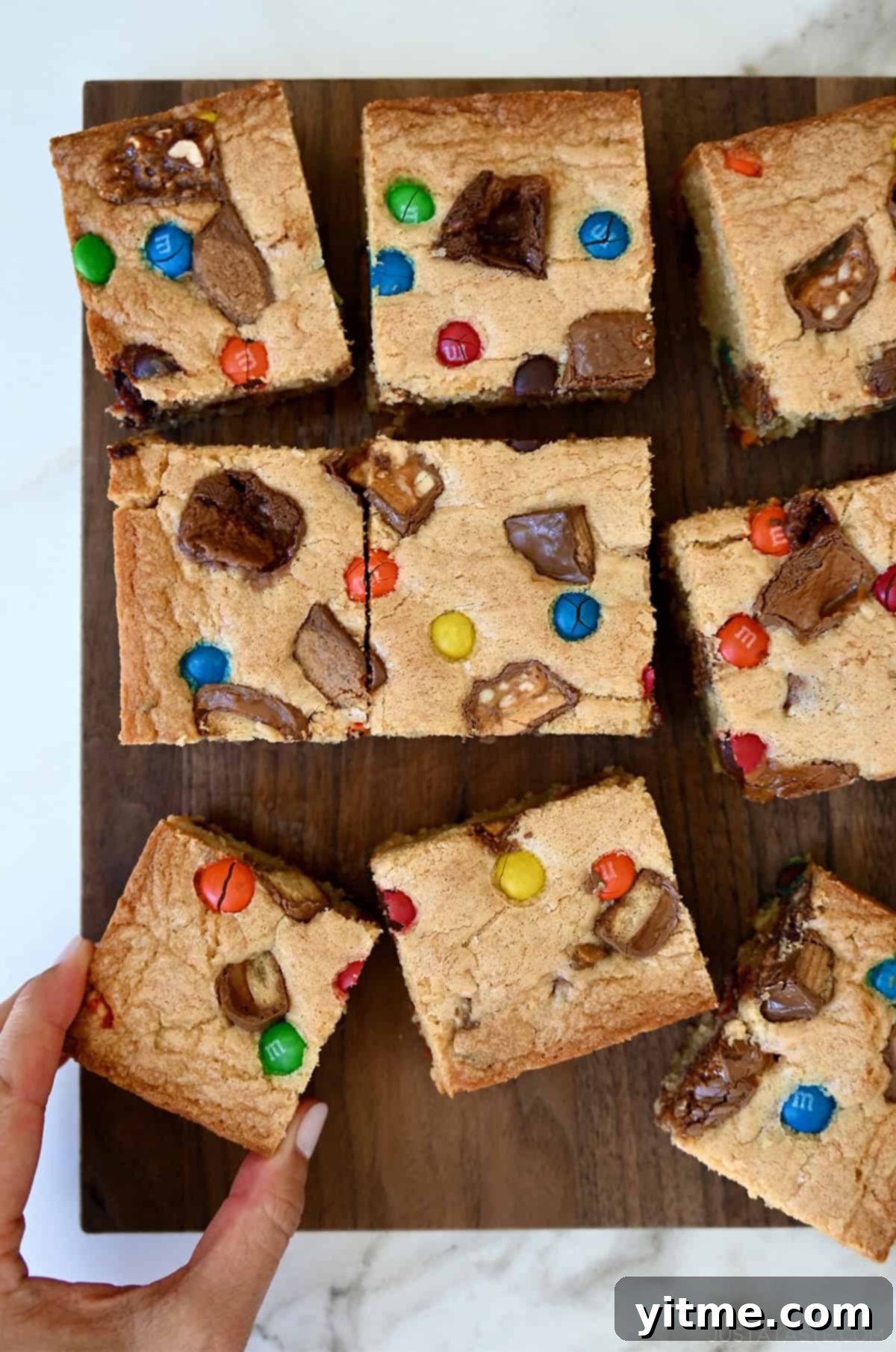 Leftover Halloween candy blondies cut into squares.