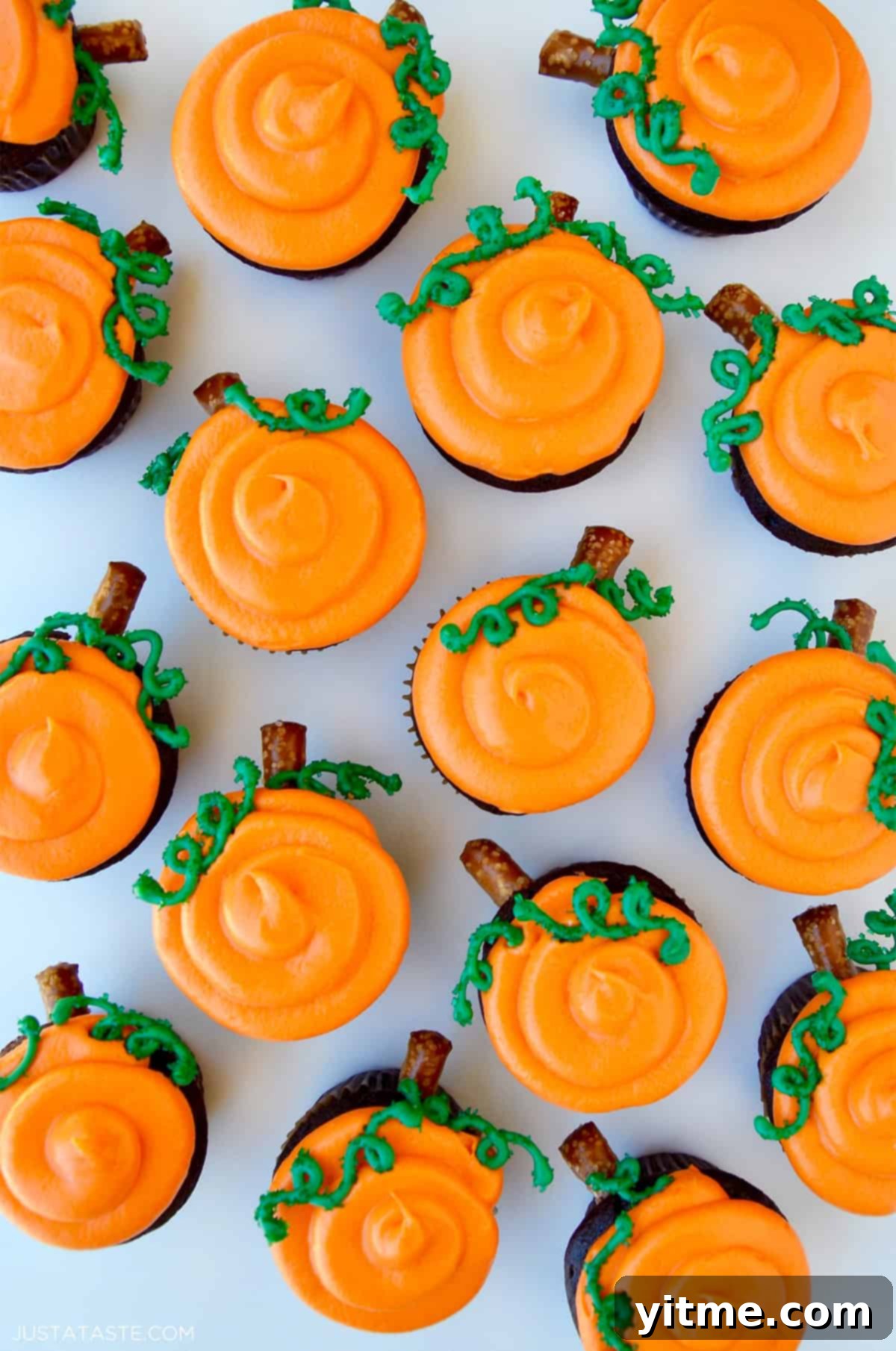 Chocolate Halloween cupcakes with orange frosting to look like a pumpkin patch.