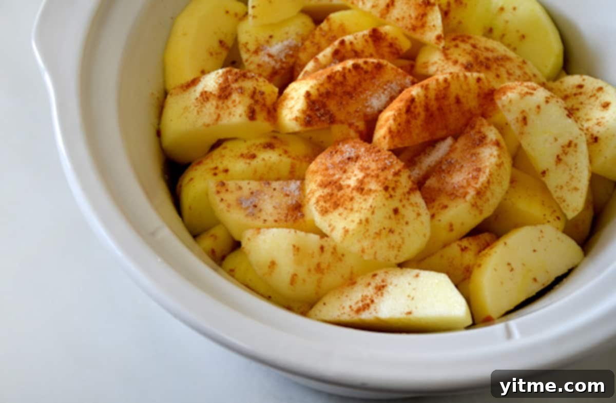 Raw apple pieces with cinnamon and sugar in a slow cooker