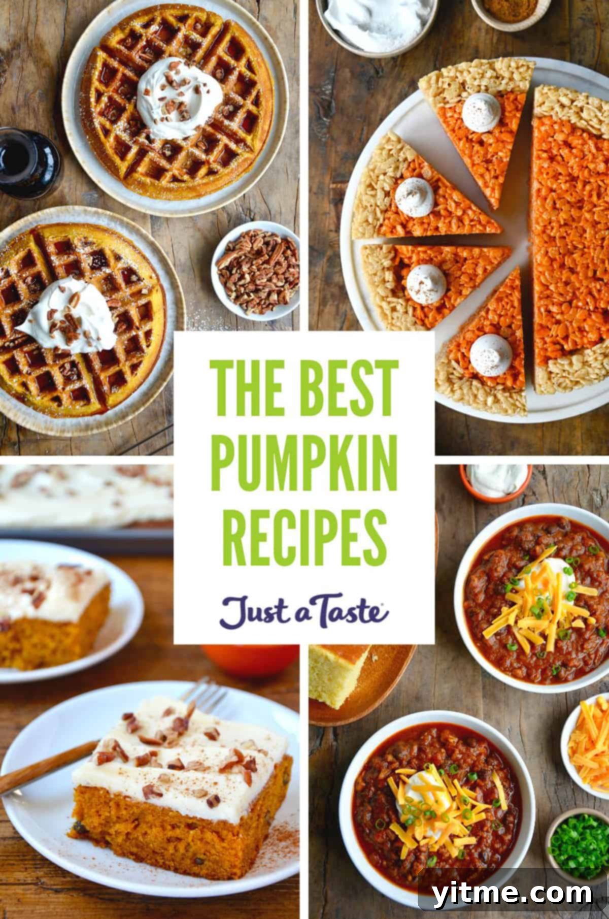 A delightful collage of pumpkin recipes, showcasing pumpkin waffles, pumpkin spice Rice Krispies treats, pumpkin turkey chili, and irresistible pumpkin bars adorned with cream cheese frosting.