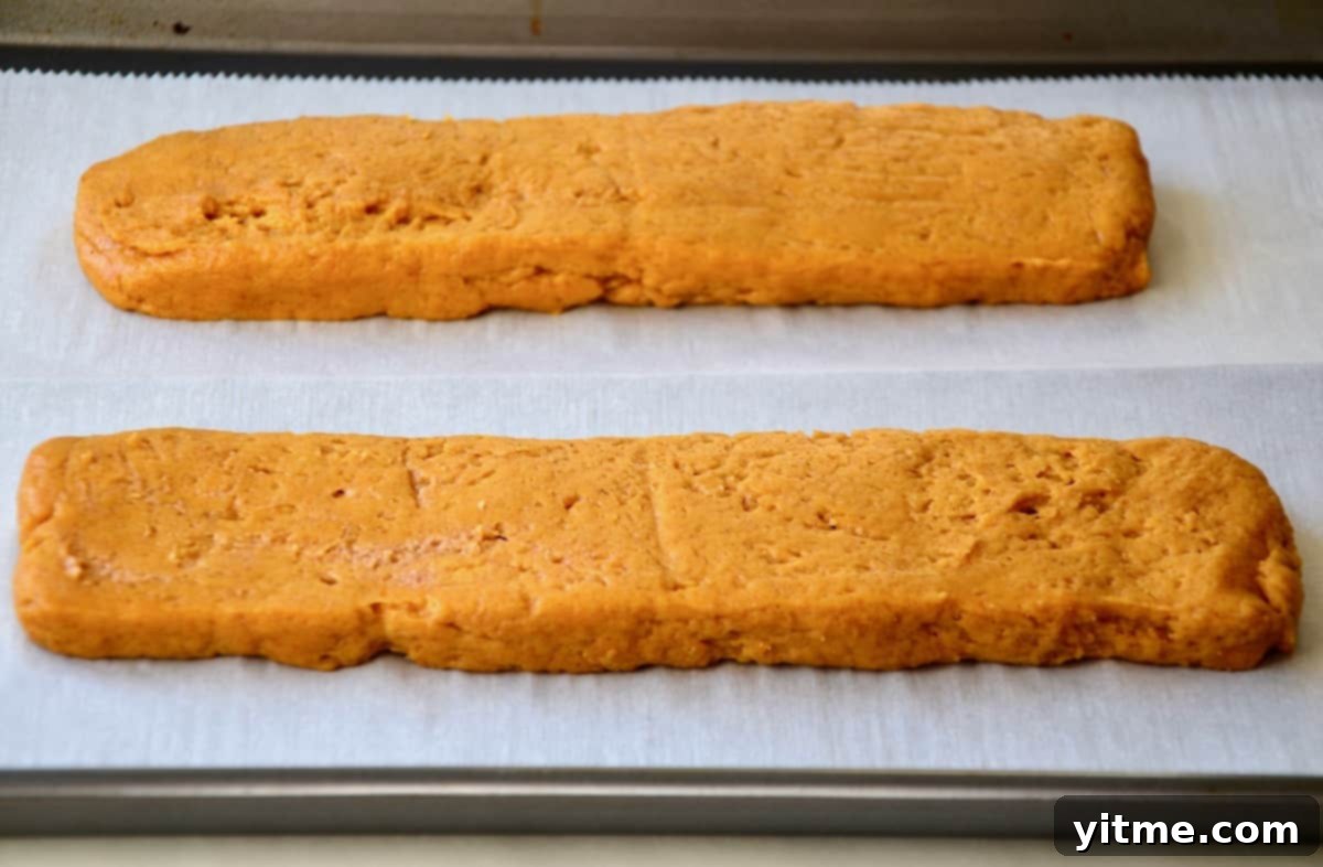 Two perfectly formed, unbaked rectangular logs of pumpkin pie biscotti dough resting on a parchment-lined baking sheet, awaiting their first bake.
